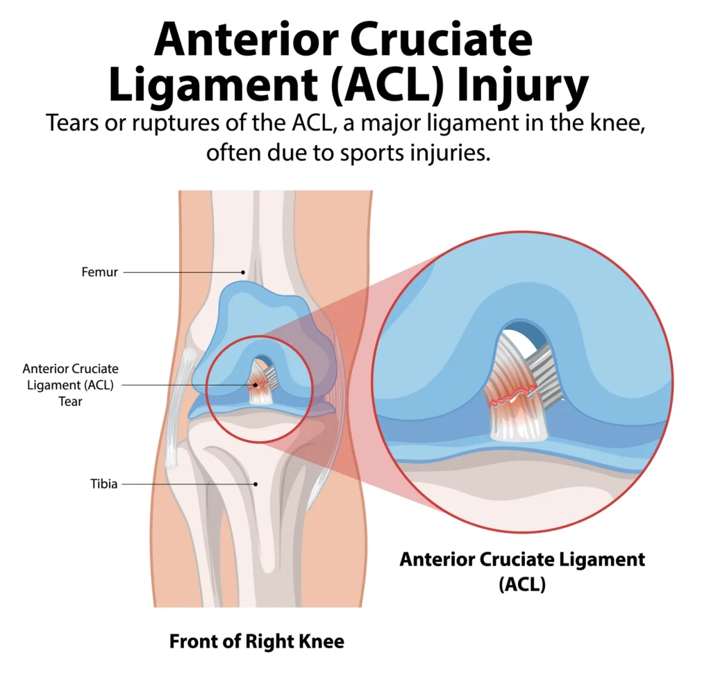 Diagram of an anterior cruciate ligament (ACL) tear in the knee between the femur and tibia